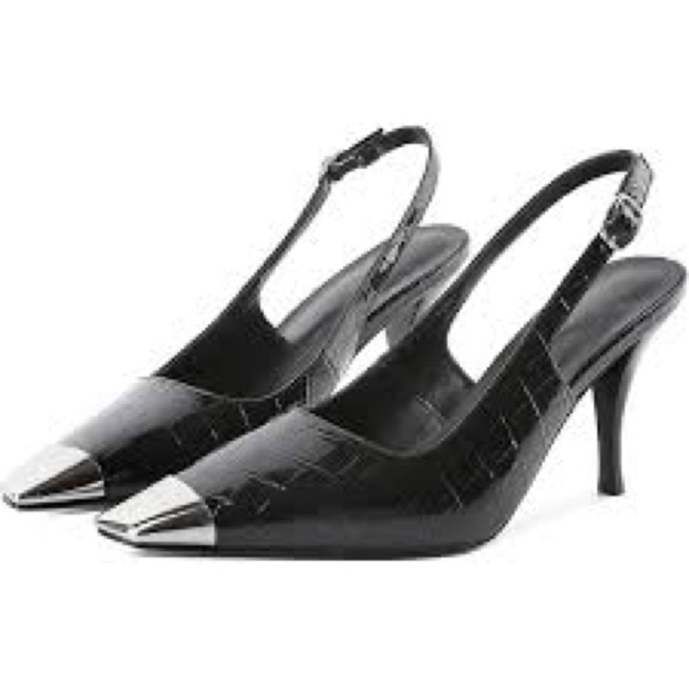 AQUA Bevv Black Croco Slingback Heels – Metal Cap Toe – Size 8.5 new in box